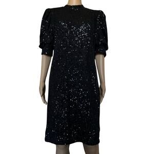 Joie Women's Sequin Puff Sleeve Back Zip Size Large Black Cocktail Evening Dress